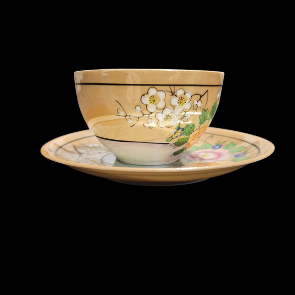 Vintage Made in Japan Peach Lustre Floral Teacup & Saucer Set of 3 - Picture 2 of 7